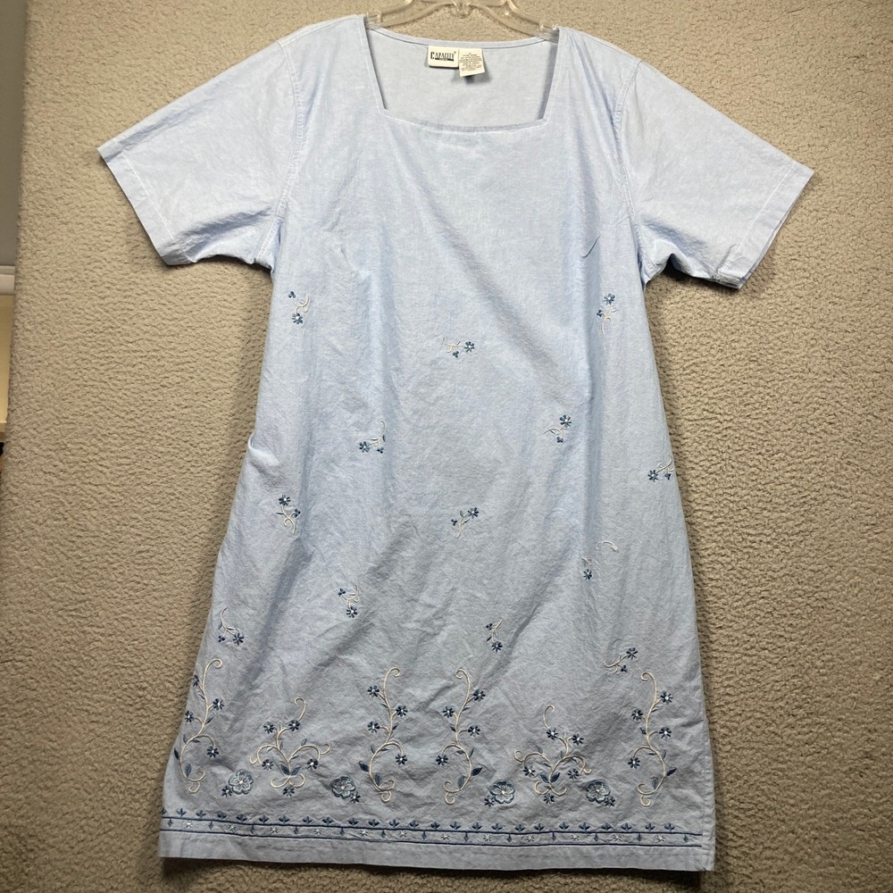Capacity Woman Shift Dress Womens 2X Blue Floral Embroidery Cotton Square Neck